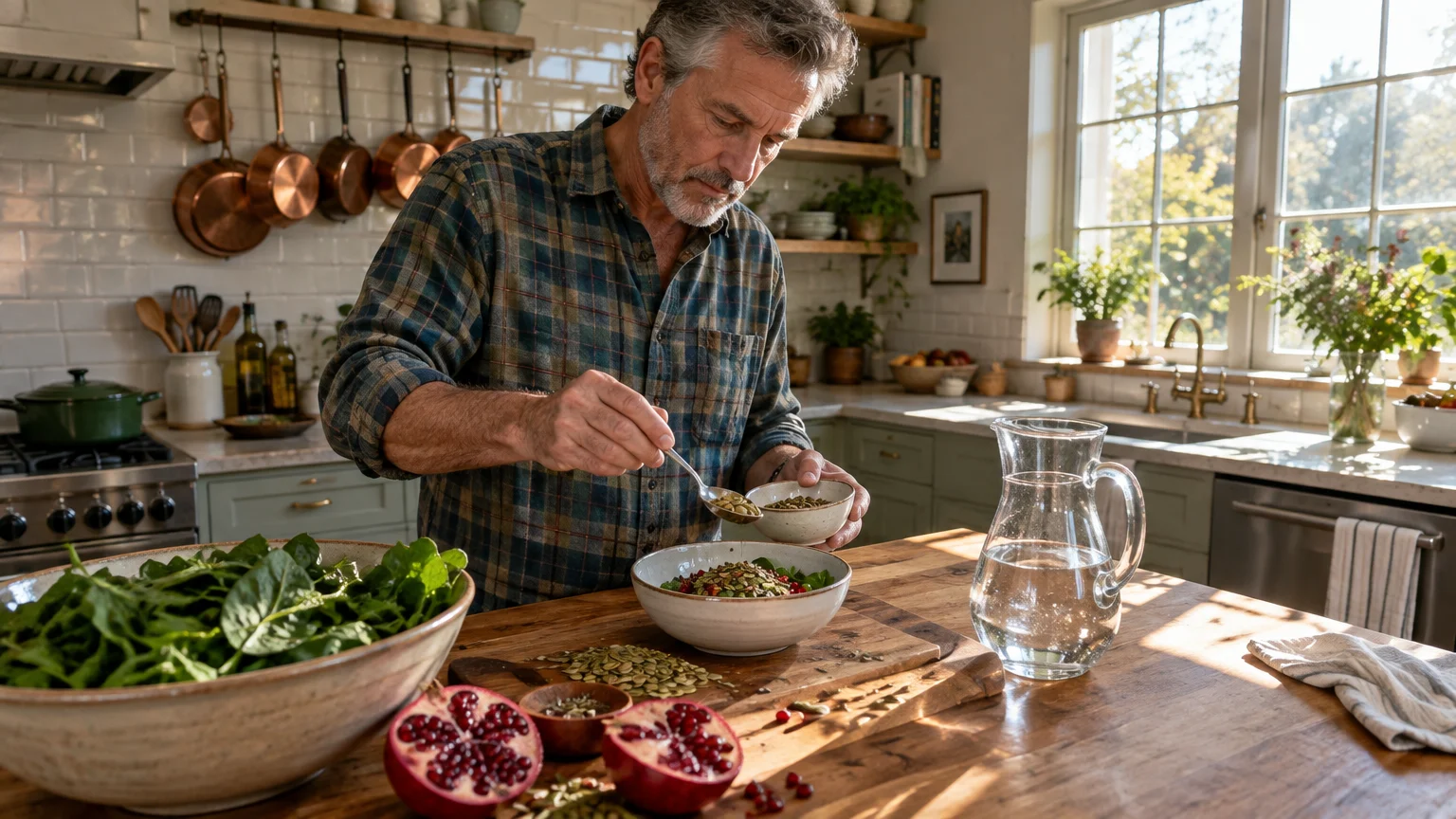 A mature man in a plaid shirt prepares a healthy salad with greens, seeds, and pomegranate in a sunlit kitchen.