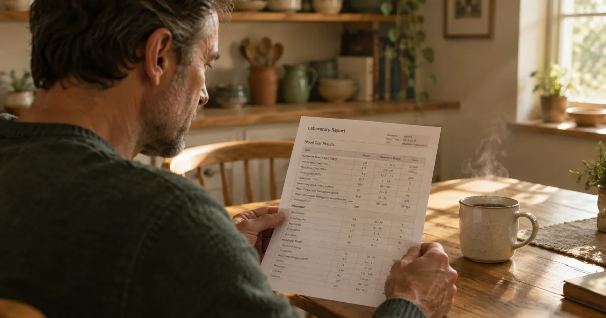 A man seated at a wooden table in a rustic kitchen reviews a printed laboratory blood test report next to a steaming mug.