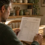 A man seated at a wooden table in a rustic kitchen reviews a printed laboratory blood test report next to a steaming mug.
