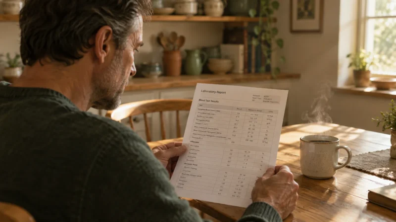 A man seated at a wooden table in a rustic kitchen reviews a printed laboratory blood test report next to a steaming mug.