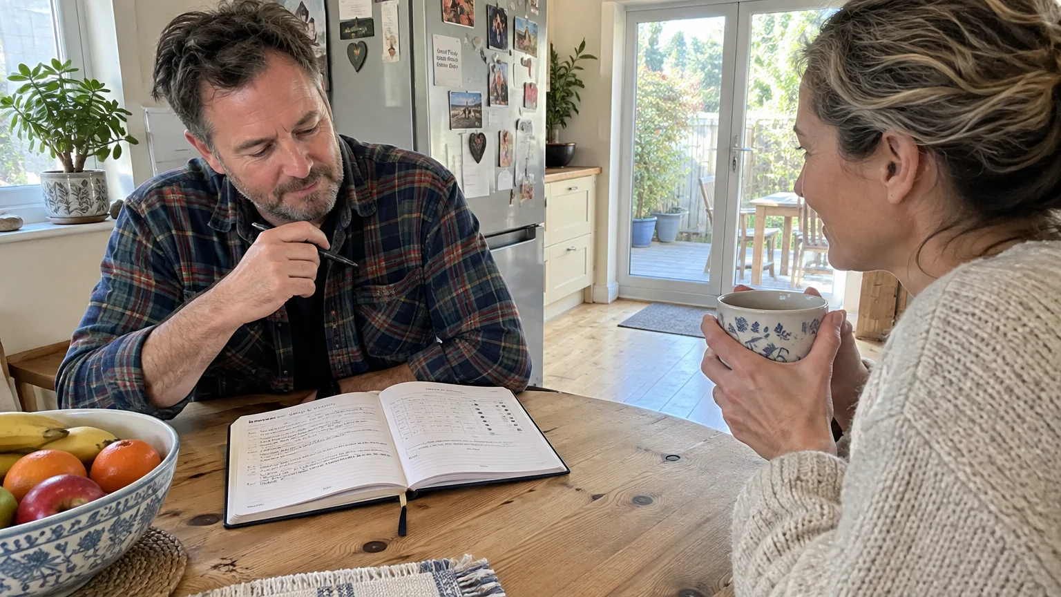 A man writing in an open journal at a wooden kitchen table while a woman sits opposite holding a ceramic mug.