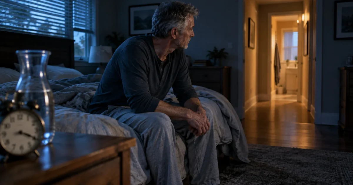 A senior man in pajamas sits awake on the edge of a bed at night, looking down a lit hallway.