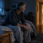 A senior man in pajamas sits awake on the edge of a bed at night, looking down a lit hallway.