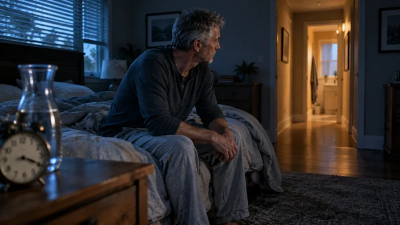 A senior man in pajamas sits awake on the edge of a bed at night, looking down a lit hallway.