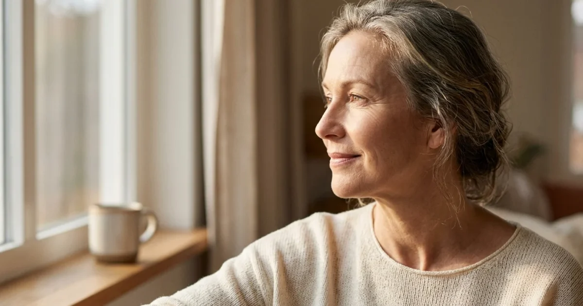 Mature woman with gray hair looking out a bright window with a warm drink on the sill.
