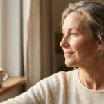 Mature woman with gray hair looking out a bright window with a warm drink on the sill.