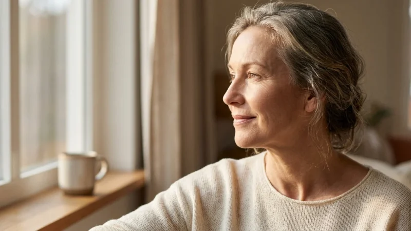 Mature woman with gray hair looking out a bright window with a warm drink on the sill.