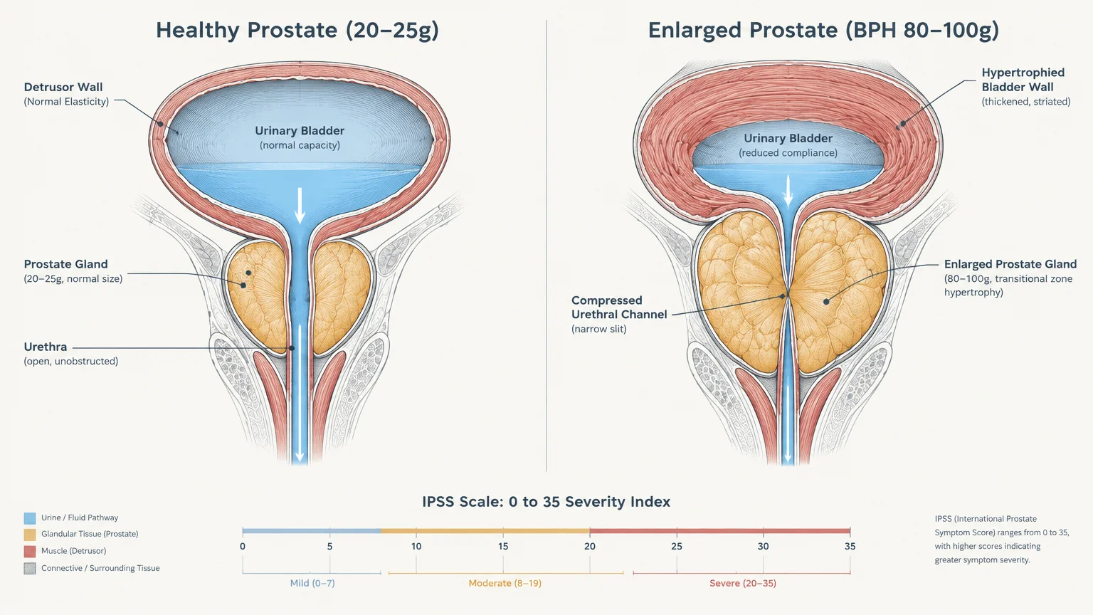 Side-by-side diagram comparing a healthy prostate and bladder to an enlarged prostate compressing the urethra, with IPSS scale.