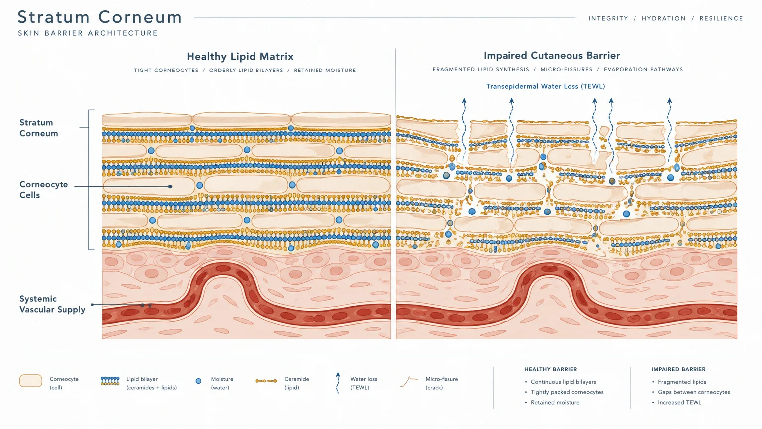Diagram comparing a healthy skin lipid matrix to an impaired barrier with micro-fissures and transepidermal water loss.