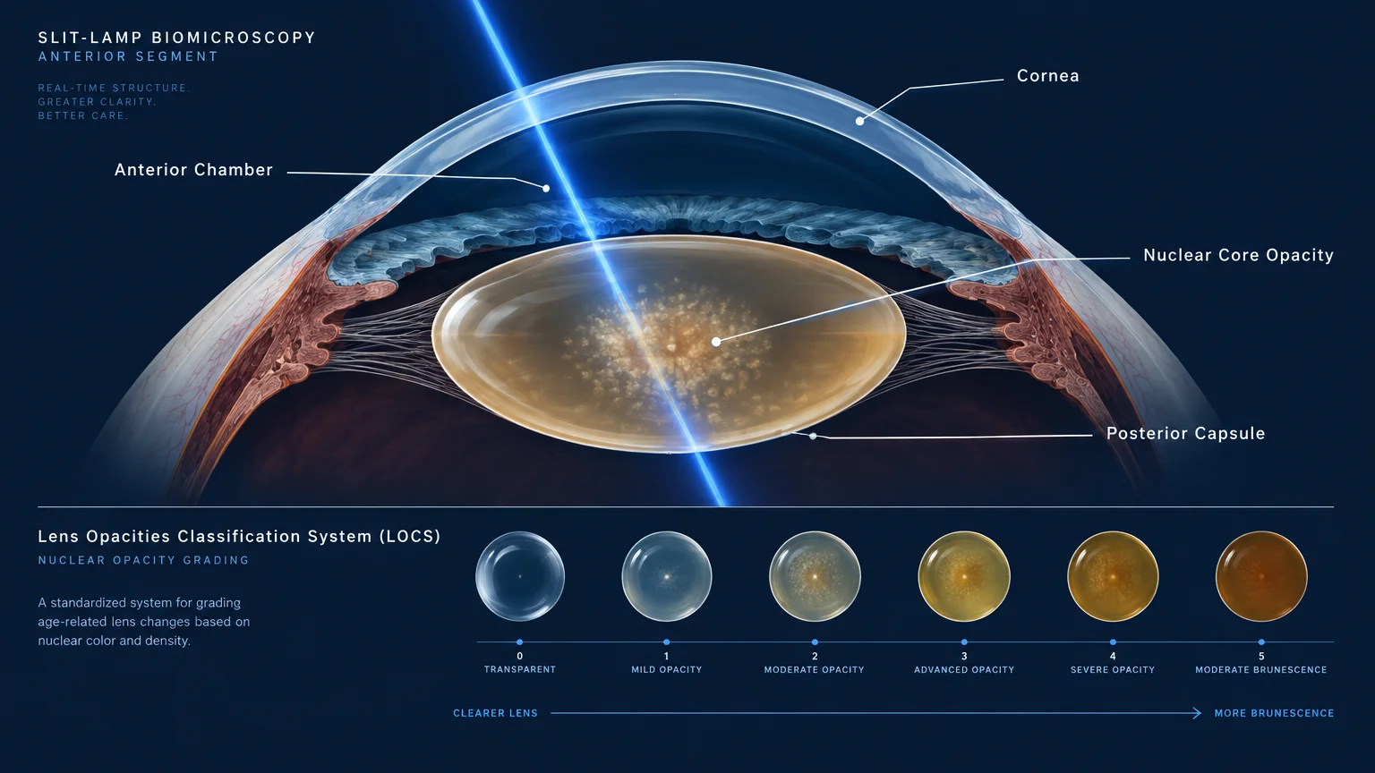 Diagram of eye slit-lamp biomicroscopy showing lens opacity alongside a six-stage nuclear opacity grading scale.