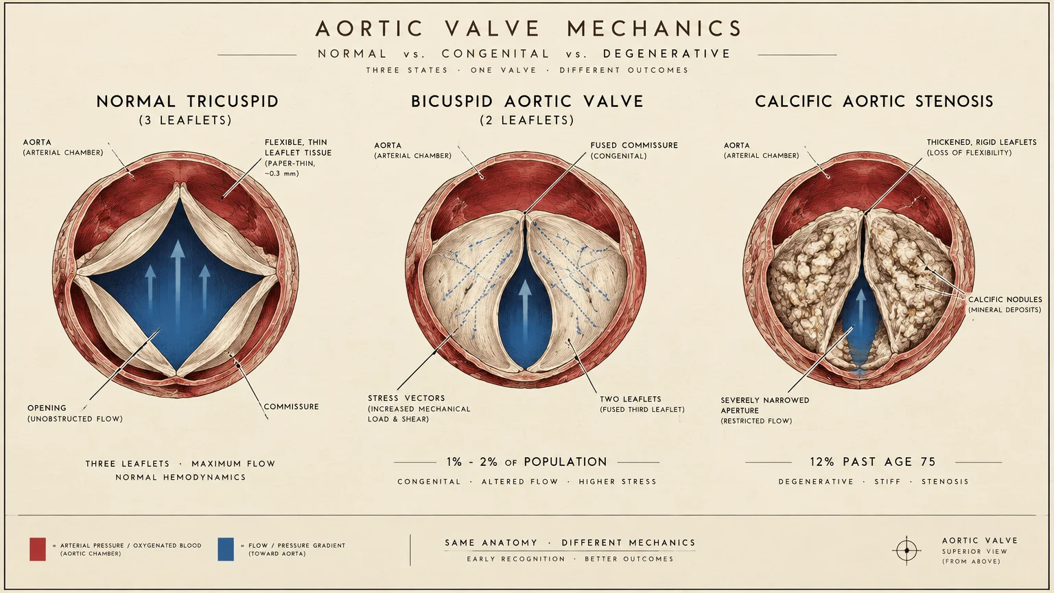 Diagram comparing a normal tricuspid aortic valve, a bicuspid aortic valve, and calcific aortic stenosis from above.