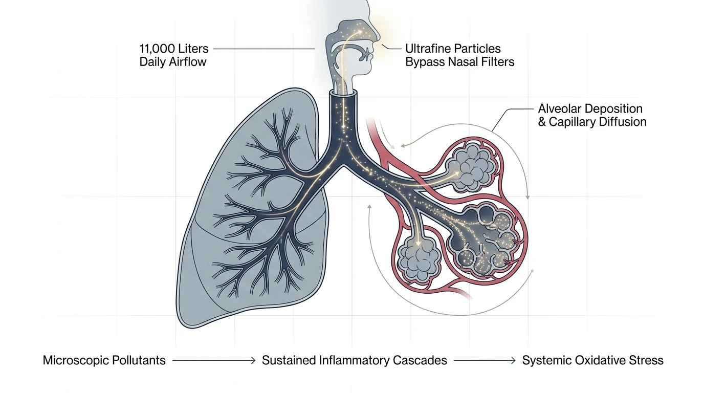 Medical diagram showing inhaled particles traveling through the airway into lungs, alveolar sacs, and pulmonary capillaries.