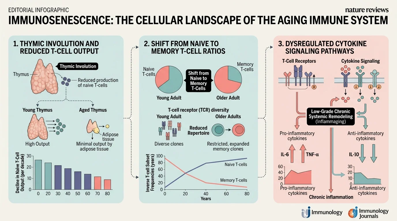 Infographic detailing immunosenescence across three panels: thymic involution, T-cell shifts, and cytokine signaling.