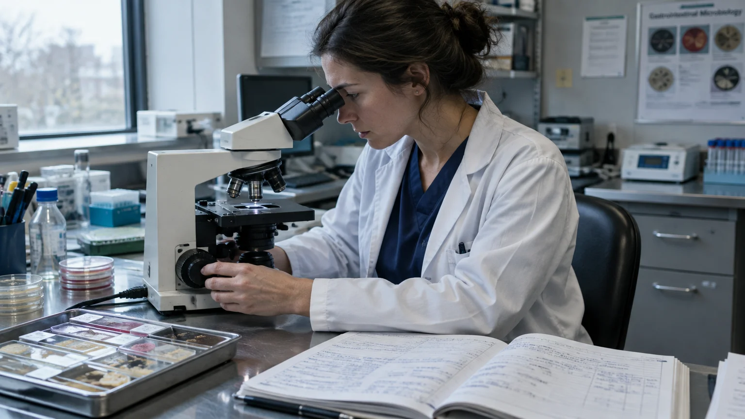 Woman in a white lab coat looks through a microscope at a lab desk with sample trays and an open notebook.