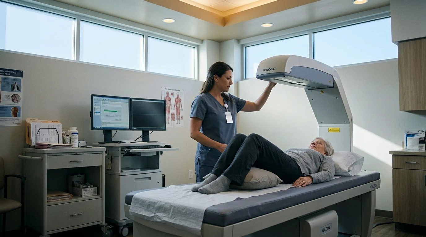 A healthcare worker operates a bone density scanner while a senior woman lies on the examination table.