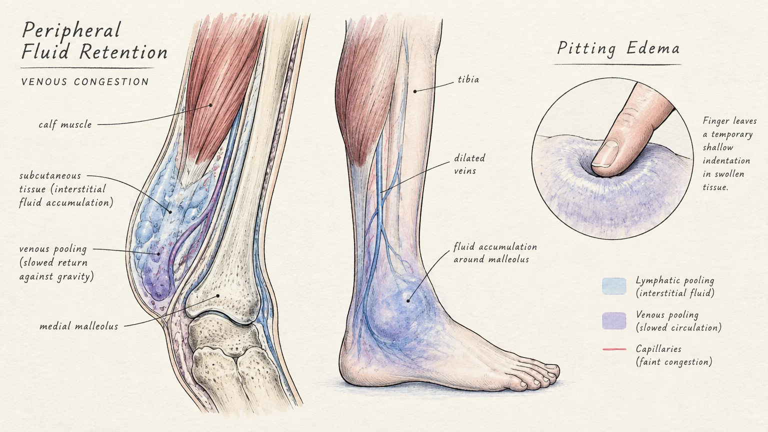 Medical illustrations detailing anatomical peripheral fluid retention in a lower leg and pitting edema from finger pressure.