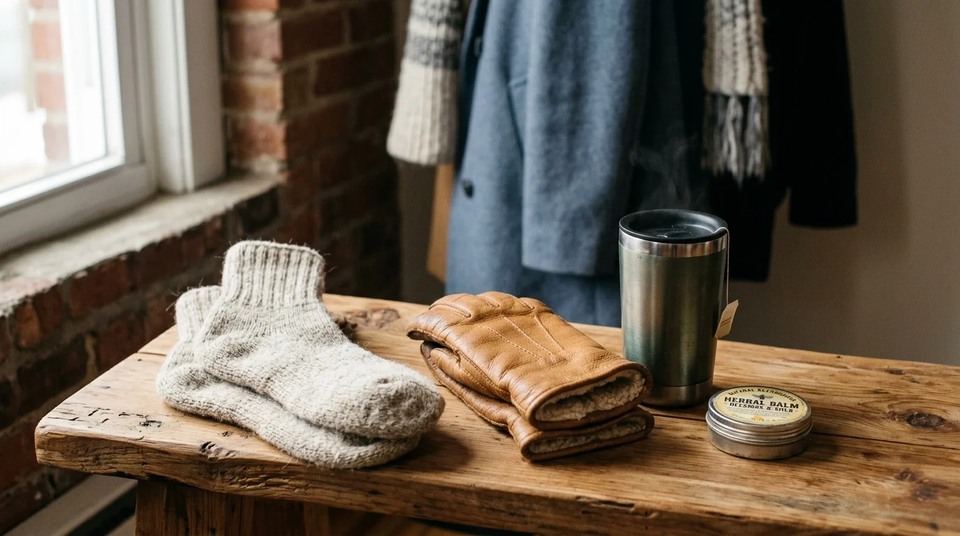 Thick knit socks, leather gloves, a steaming travel mug, and a tin of balm on a wooden bench beside hanging winter coats.