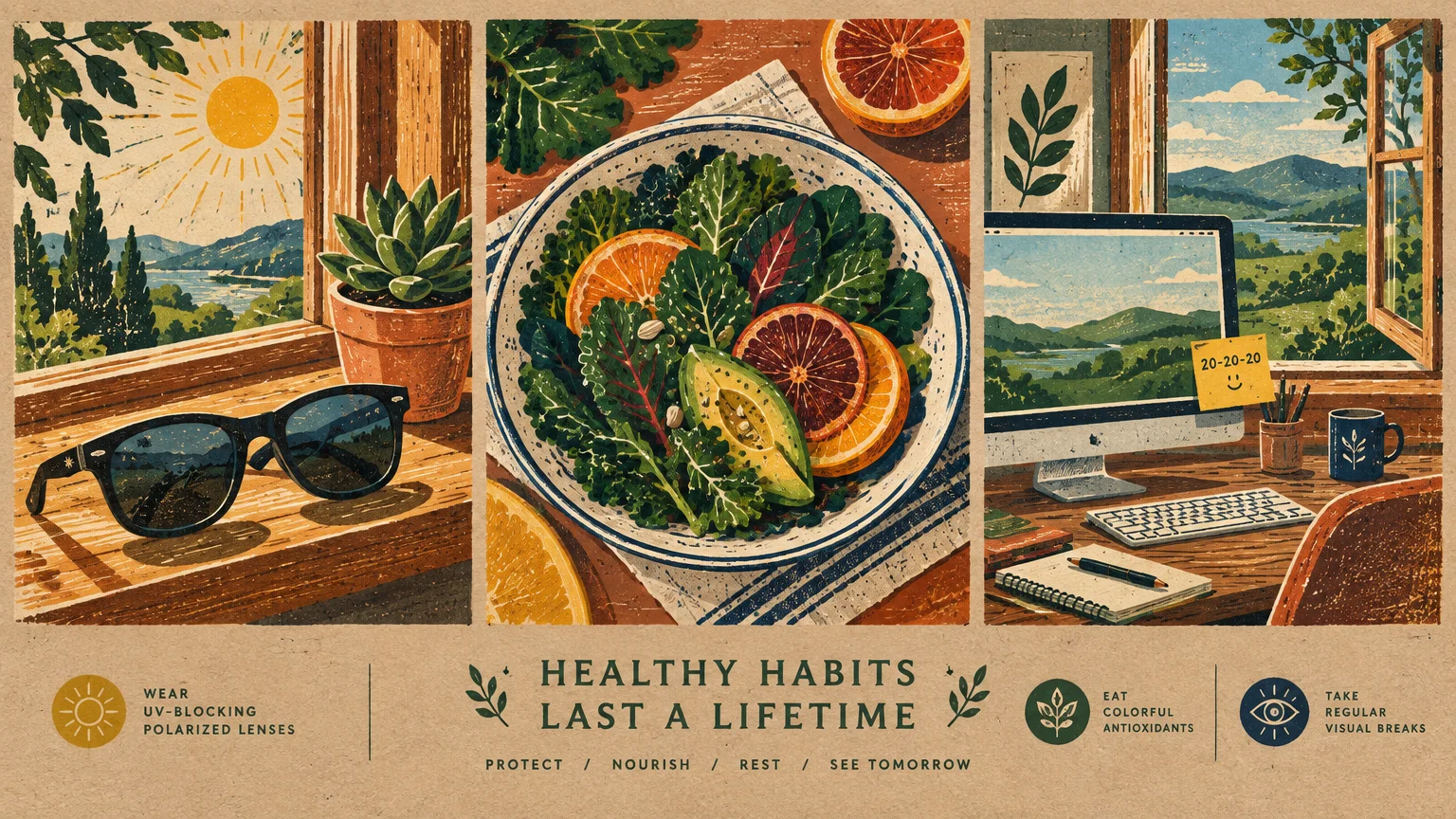 Triptych illustration showing sunglasses on a sunny windowsill, a citrus and kale salad, and a computer desk by a window.