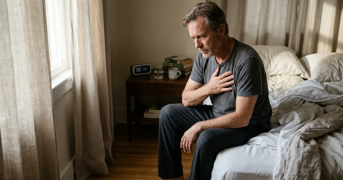 A middle-aged man sitting on the edge of an unmade bed, holding his hand against his chest with a concerned expression.