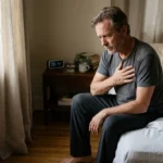 A middle-aged man sitting on the edge of an unmade bed, holding his hand against his chest with a concerned expression.
