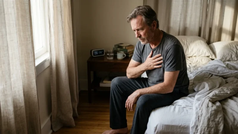 A middle-aged man sitting on the edge of an unmade bed, holding his hand against his chest with a concerned expression.