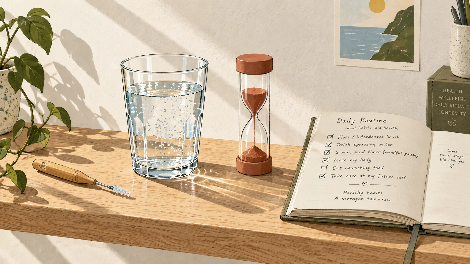 Interdental brush, glass of water, sand timer, and an open notebook listing daily routine habits on a sunny wooden desk.