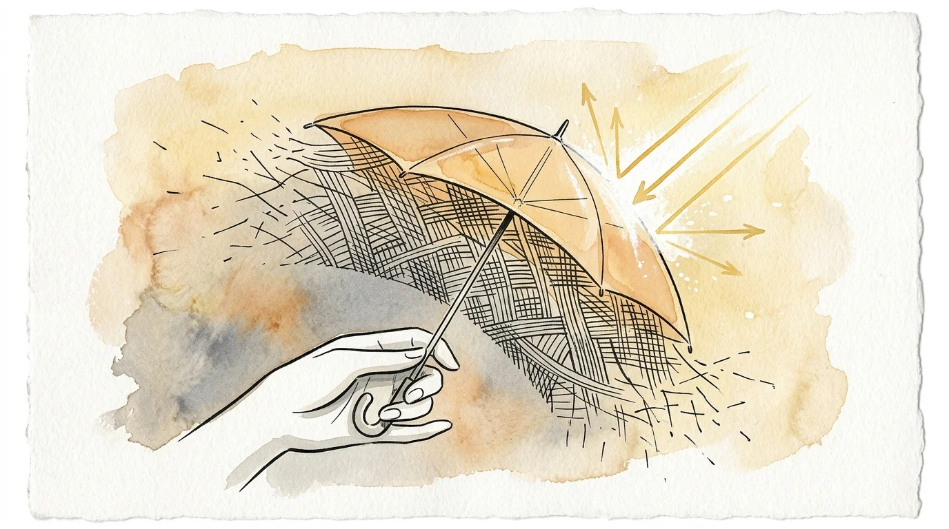 Watercolor illustration of a hand holding an umbrella that deflects incoming sun rays from an underlying fibrous mesh.