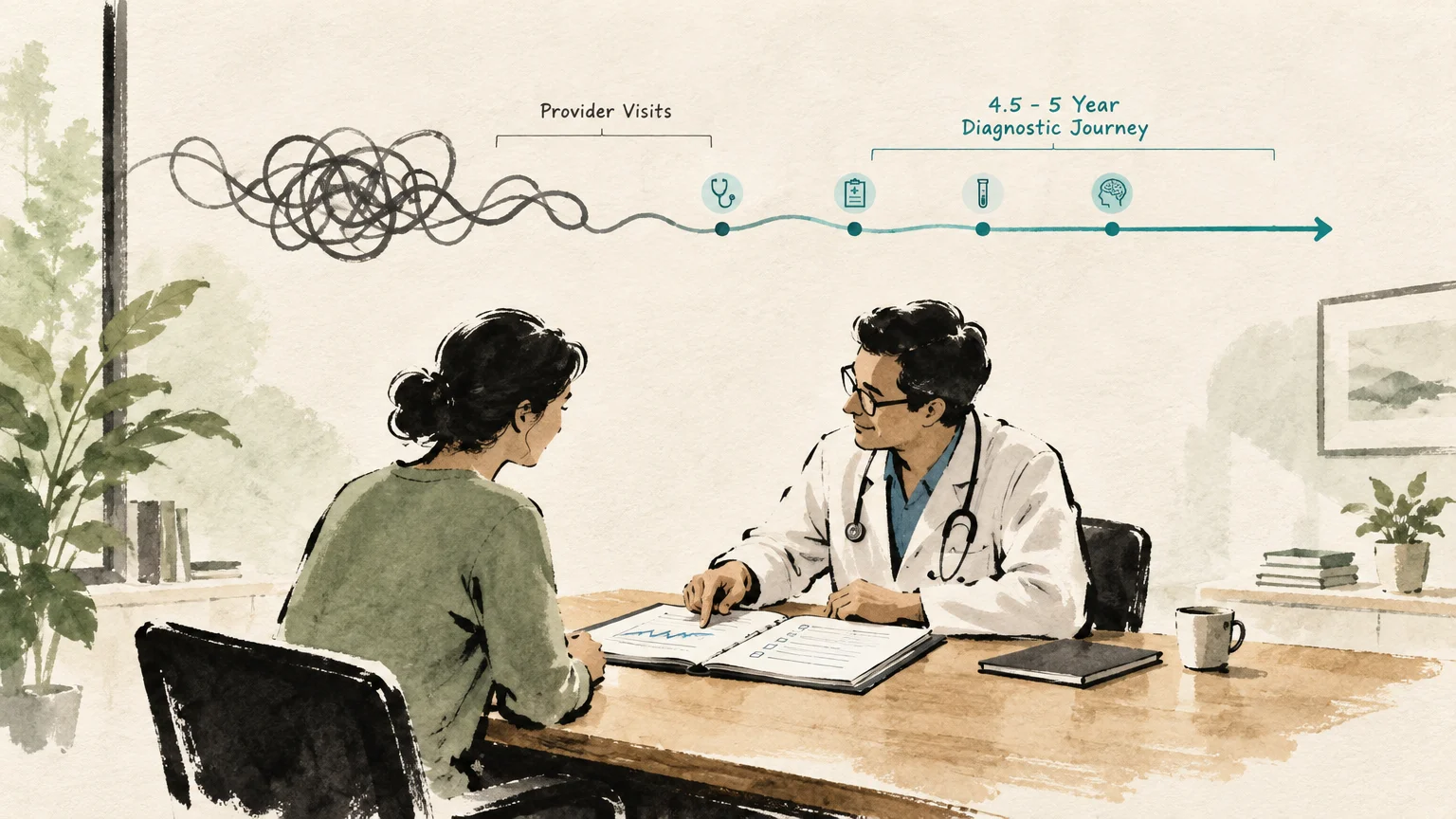 Illustration of a doctor and patient reviewing medical records below a timeline showing a multi-year diagnostic journey.
