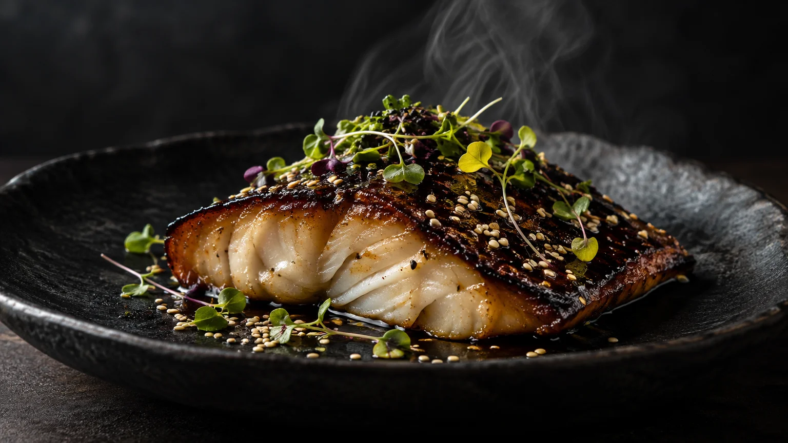 Steaming glazed fish fillet topped with microgreens and sesame seeds on a textured black plate.
