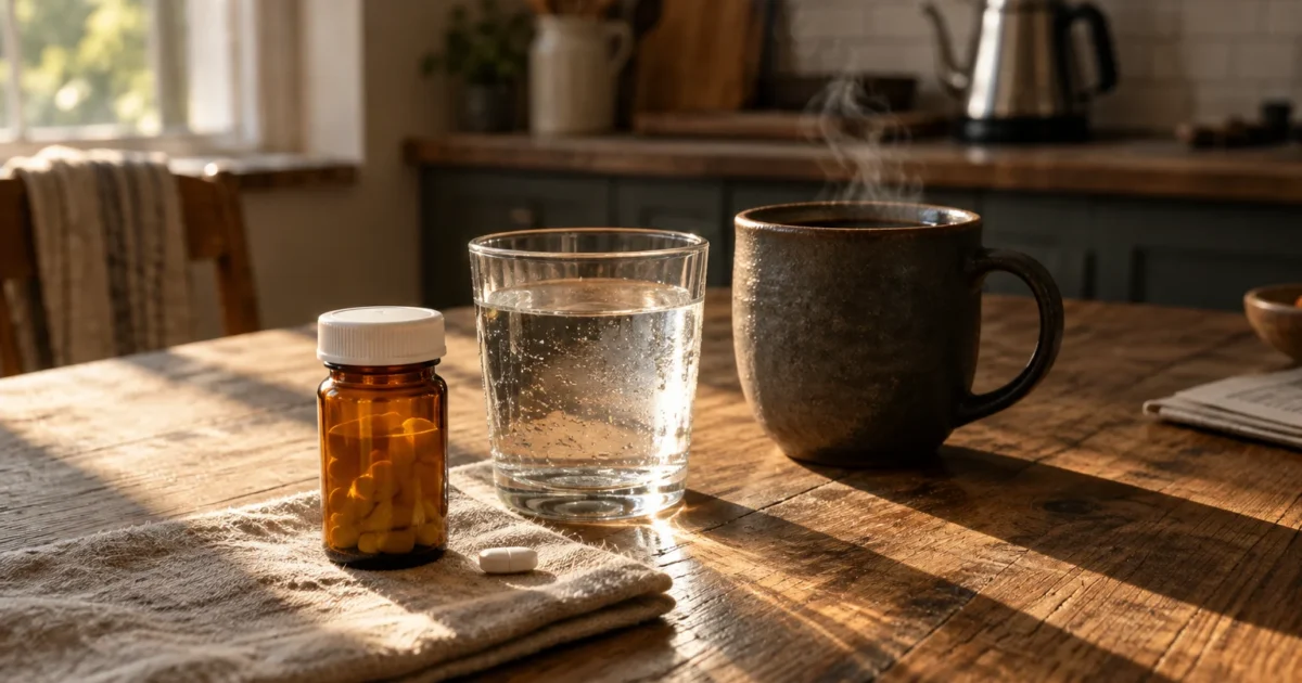 A pill bottle, a loose white tablet, a glass of water, and a steaming ceramic mug of coffee on a wooden table.