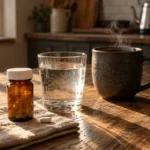 A pill bottle, a loose white tablet, a glass of water, and a steaming ceramic mug of coffee on a wooden table.