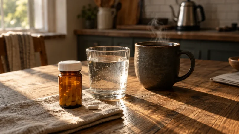 A pill bottle, a loose white tablet, a glass of water, and a steaming ceramic mug of coffee on a wooden table.
