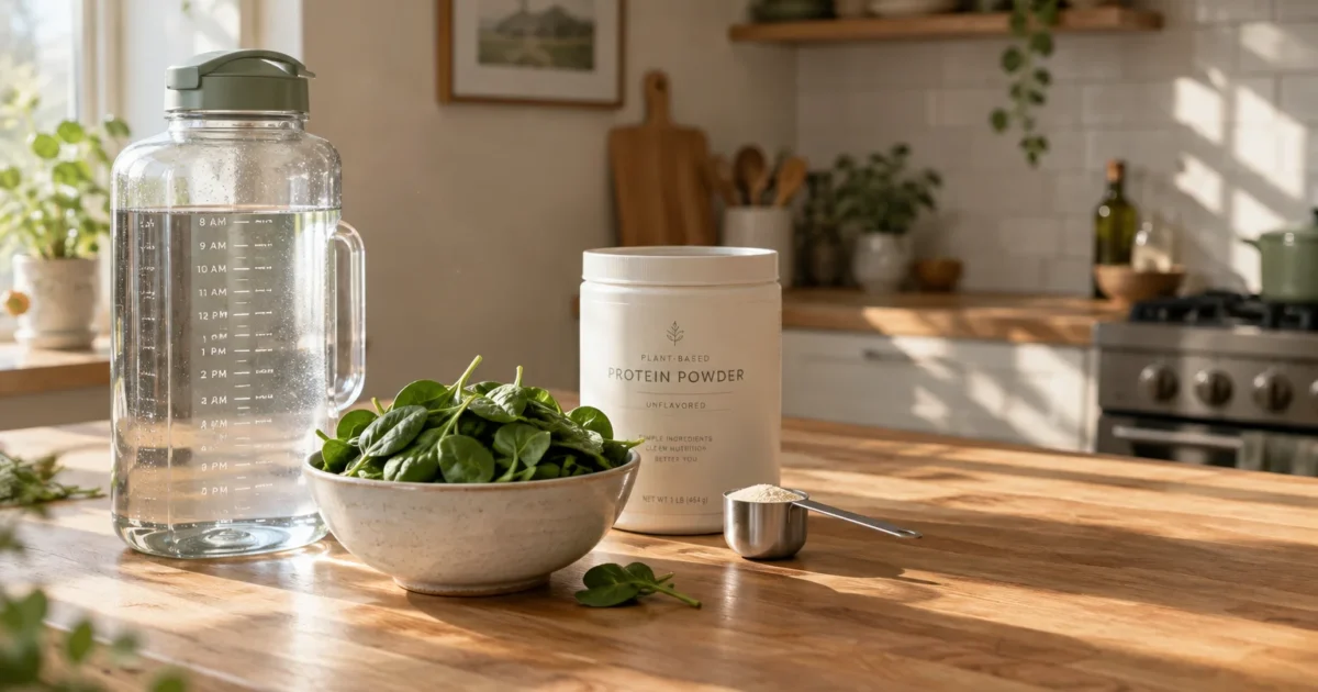 Large water jug, bowl of spinach, and tub of plant-based protein powder with a scoop on a sunlit wooden kitchen counter.