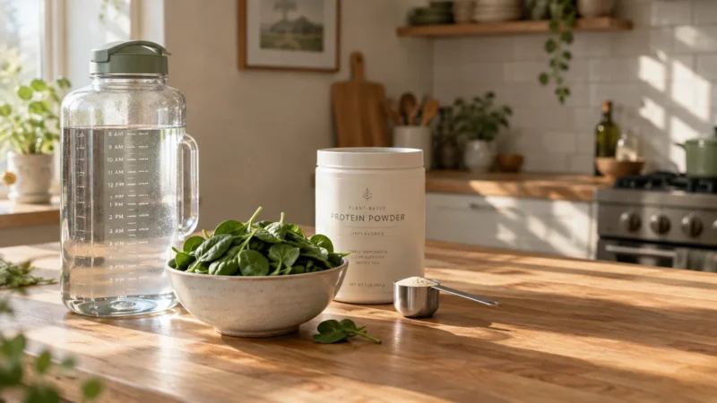 Large water jug, bowl of spinach, and tub of plant-based protein powder with a scoop on a sunlit wooden kitchen counter.