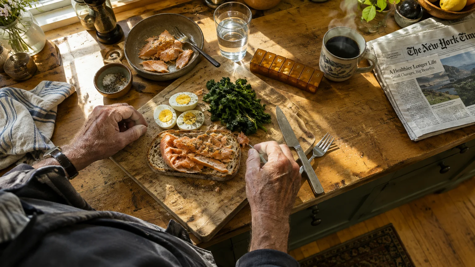 Overhead view of an older adult preparing salmon toast with boiled eggs, kale, a pill organizer, and coffee on a wooden table.