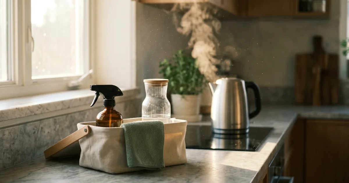 Kitchen counter with a spray bottle in a caddy beside a steaming electric kettle on an induction stovetop.