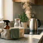 Kitchen counter with a spray bottle in a caddy beside a steaming electric kettle on an induction stovetop.
