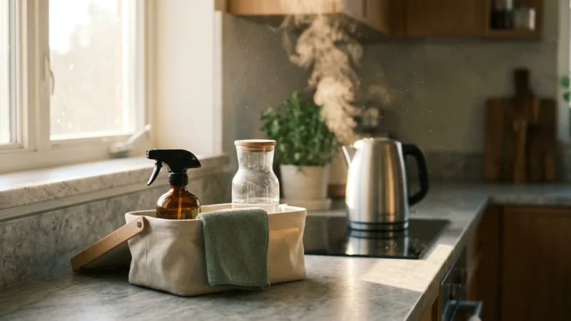 Kitchen counter with a spray bottle in a caddy beside a steaming electric kettle on an induction stovetop.