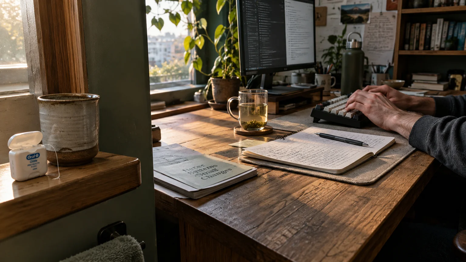 Person typing on a keyboard at a wooden desk beside a window, with an open notebook, cup of tea, and computer monitor.