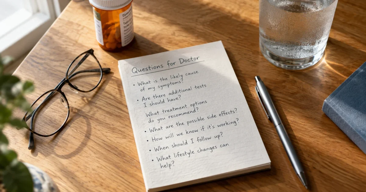 Notepad with handwritten questions for a doctor, sitting on a wooden desk beside eyeglasses, pills, and water.