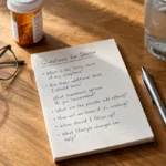 Notepad with handwritten questions for a doctor, sitting on a wooden desk beside eyeglasses, pills, and water.