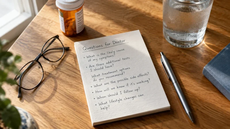Notepad with handwritten questions for a doctor, sitting on a wooden desk beside eyeglasses, pills, and water.