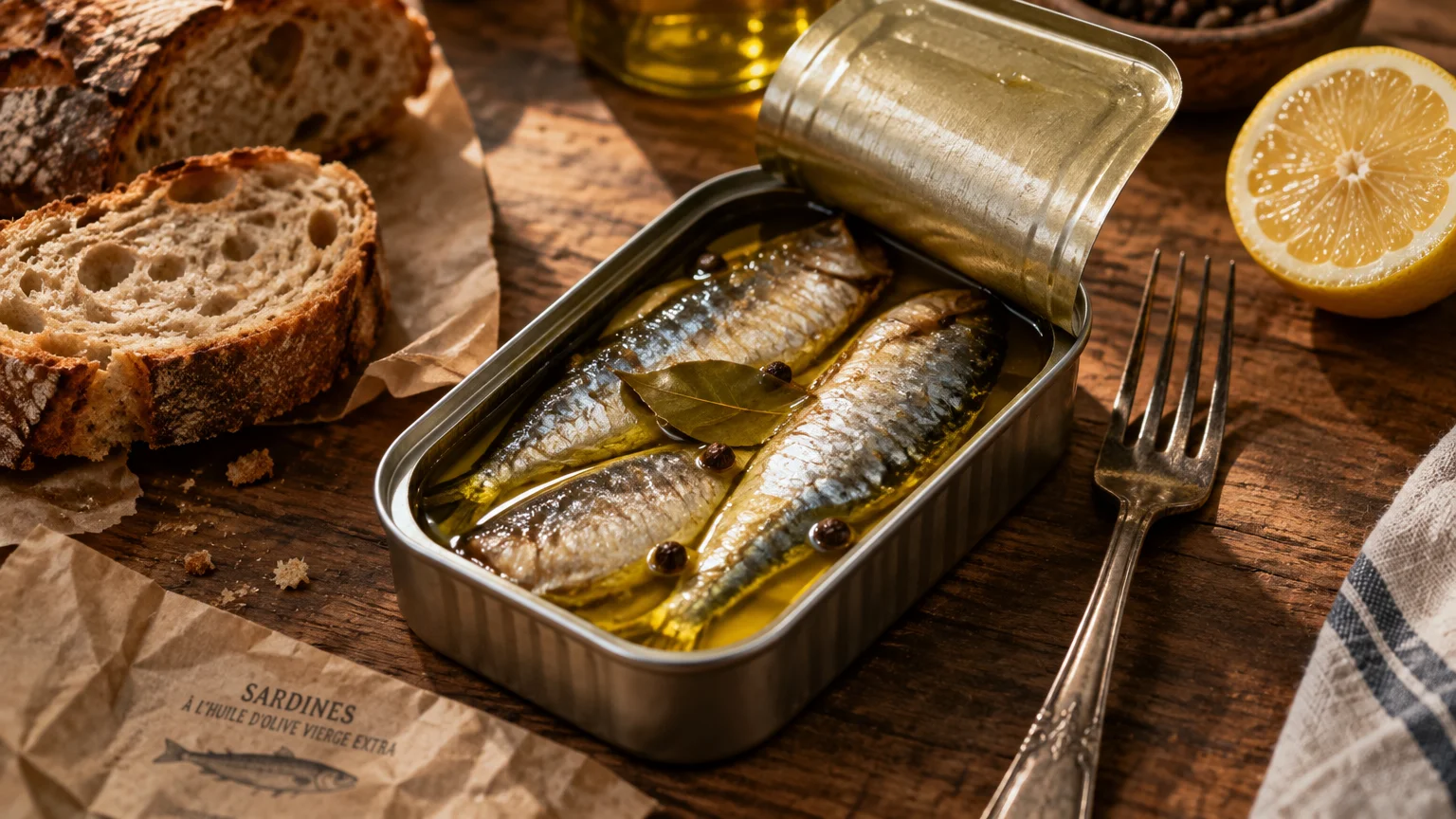 An open tin of sardines in oil with herbs, served alongside crusty sliced bread and a lemon half on a wooden table.
