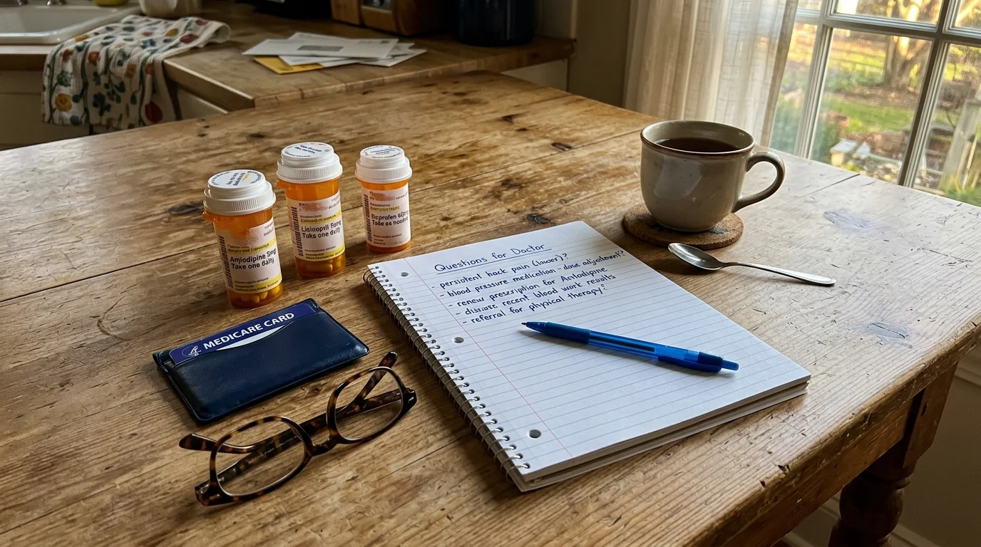Pill bottles, eyeglasses, a Medicare card, a mug, and a handwritten doctor question list on a rustic wooden table.