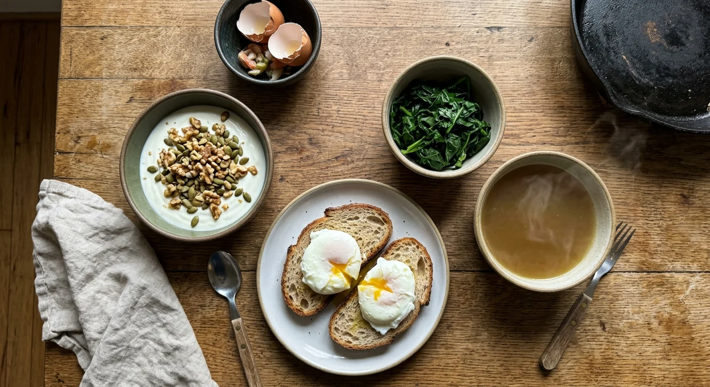Top-down view of breakfast bowls with poached eggs on toast, yogurt with seeds, greens, and steaming broth on wood table.