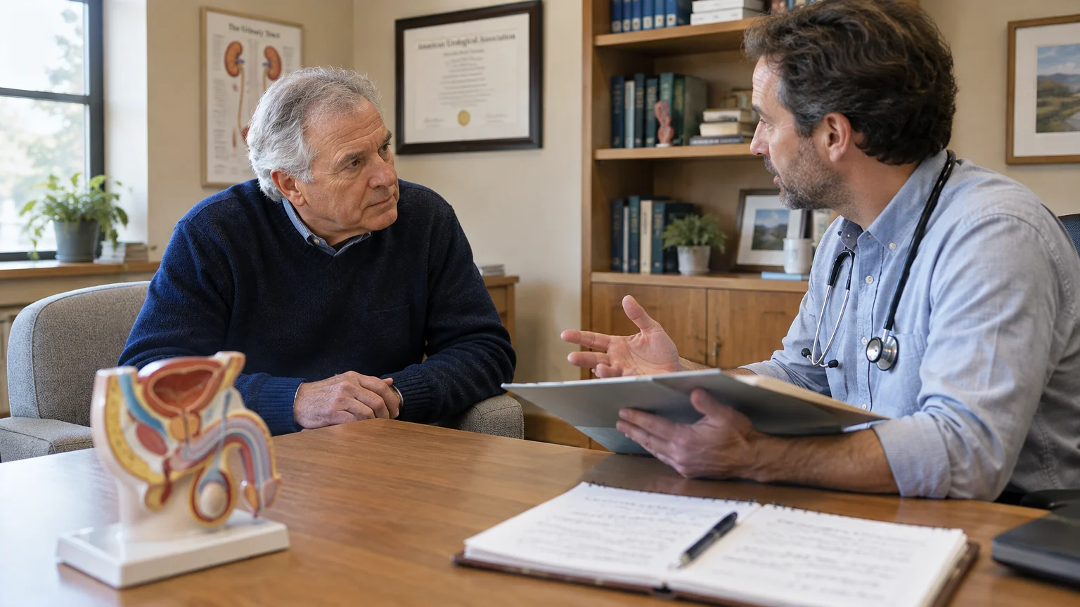A doctor with a stethoscope speaks with a senior male patient at a desk beside an anatomical model.