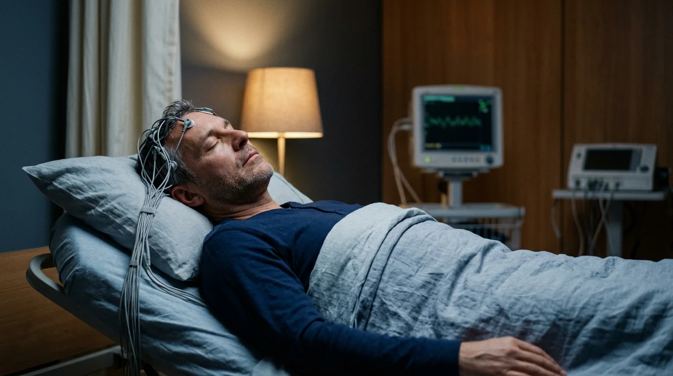 A man sleeps in a clinic bed with EEG electrodes attached to his head beside medical monitoring equipment.