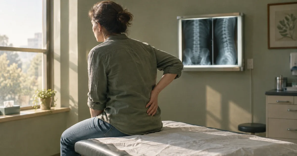 Woman sitting on an exam table holding her lower back near a window, with spine X-rays mounted on the wall.