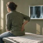 Woman sitting on an exam table holding her lower back near a window, with spine X-rays mounted on the wall.