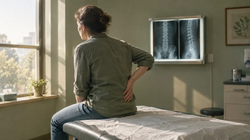 Woman sitting on an exam table holding her lower back near a window, with spine X-rays mounted on the wall.